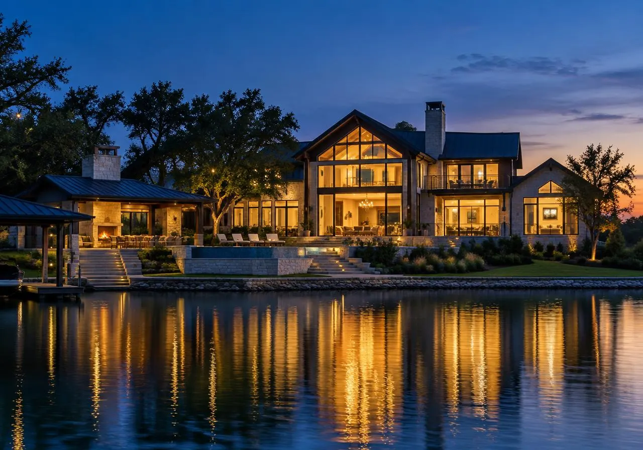 Sold lakefront home glowing at dusk