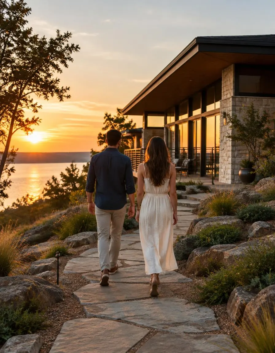 Couple walking toward a lakefront home at sunset