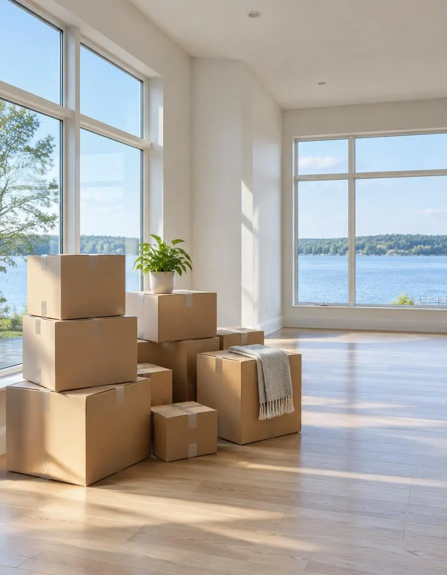 Moving boxes in a bright new home with a lake view